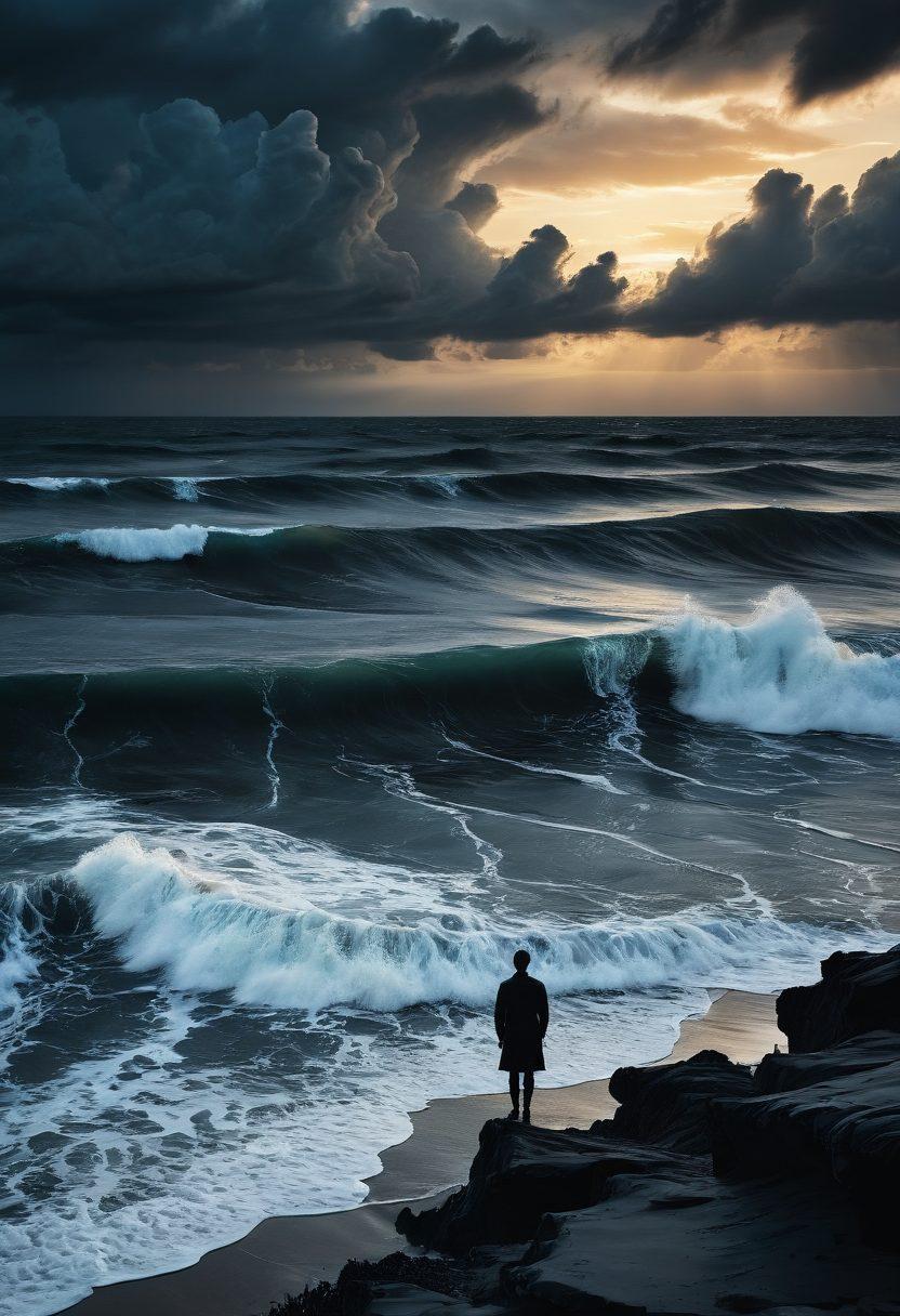A tumultuous sea under a moody sky, with crashing waves symbolizing sorrow, intertwined with dark shadows of hearts surfacing from the depths. A subtle silhouette of a person gazing longingly at the horizon where the turbulent waters meet the comforting glow of a distant sunset. The color palette should evoke deep blues and grays, reflecting melancholy. surrealistic. dark tones. dramatic lighting.