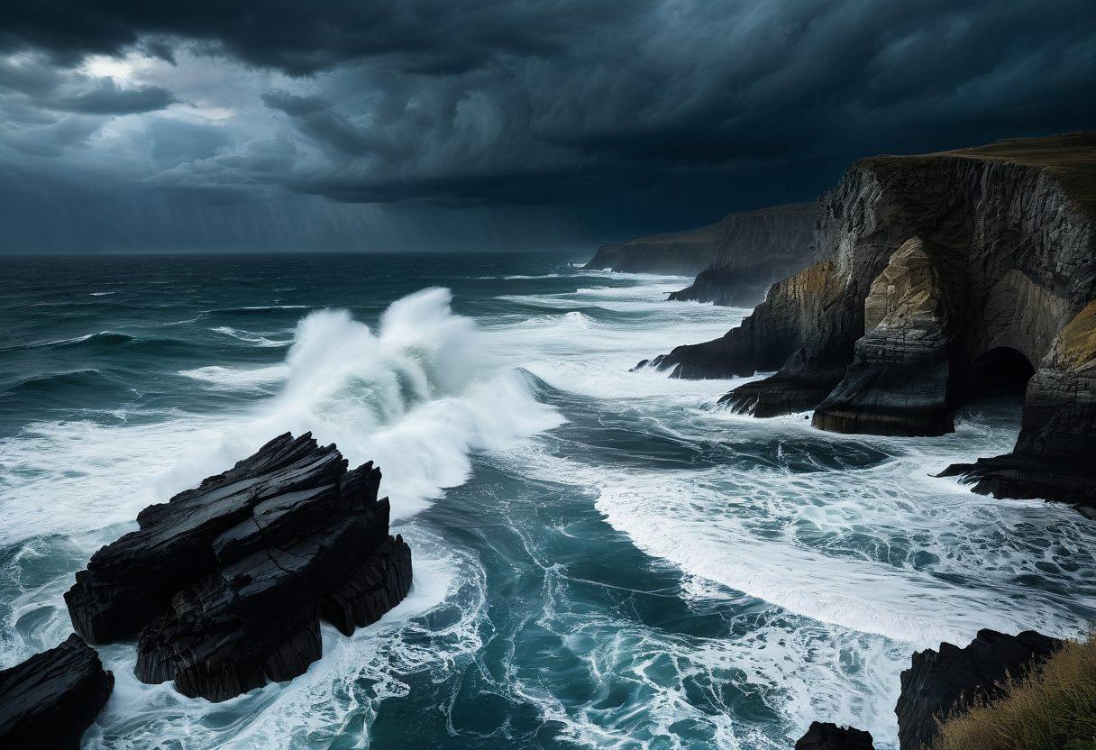 A dramatic seascape illustrating tumultuous, dark waves crashing against jagged cliffs, under a moody, overcast sky. Hints of sorrowful figures emerging from the water, symbolizing human emotions intertwined with the sea's turmoil. The overall color palette is deep blues and grays, evoking a sense of melancholy and contemplation. A faint light peeks through the clouds, suggesting hope amidst the gloom. surrealism. dark colors. high contrast.