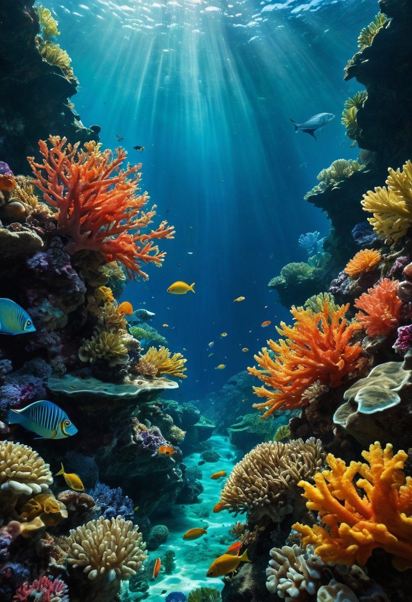 A serene underwater scene depicting vibrant marine life, such as colorful fish and coral, intertwined with subtle, shadowy images of human figures expressing melancholy, symbolizing the deep connection between sea life and human emotions. The play of light filtering through the water creates a calming yet emotive atmosphere. super-realistic. deep blues and greens. ethereal light.